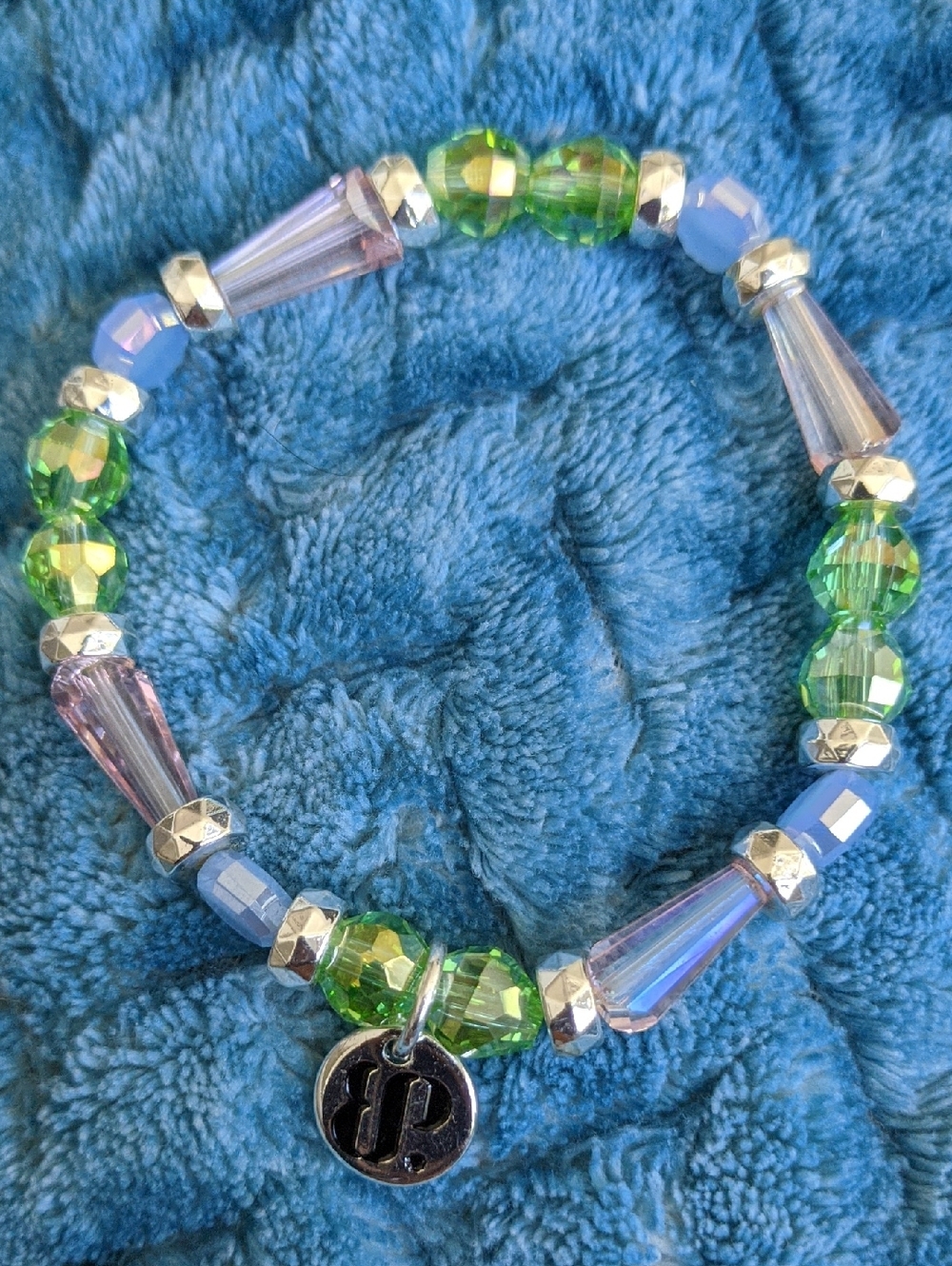Iridescent Green & Opal Stretch Beaded Bracelet with Silver Charm